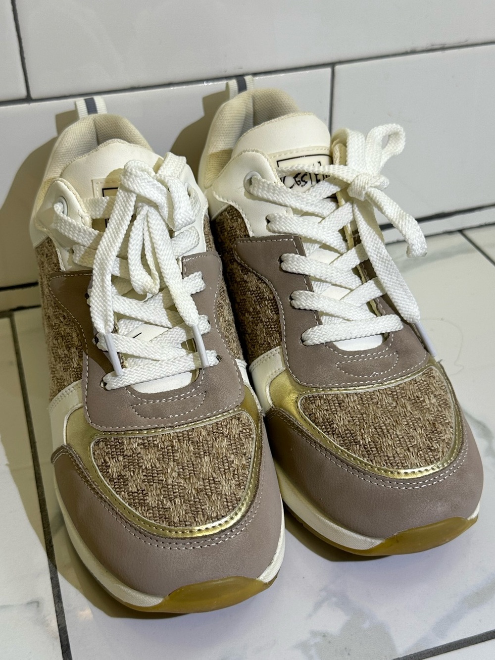 Cestfini Fashion Wedge Sneakers Gold Taupe Metallic Platform Shoes